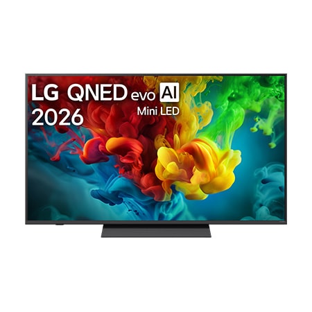 2026.&nbsp;gadā izlaista LG QNED evo AI QNED82 Mini LED priekšpuses skats, ekrāns ar dzīvīgām, plūstošām daudzkrāsainām, gleznieciskai kustībai līdzīgām plūsmām, kurās bagātīgi slāņotu krāsu mākoņi vienmēr1